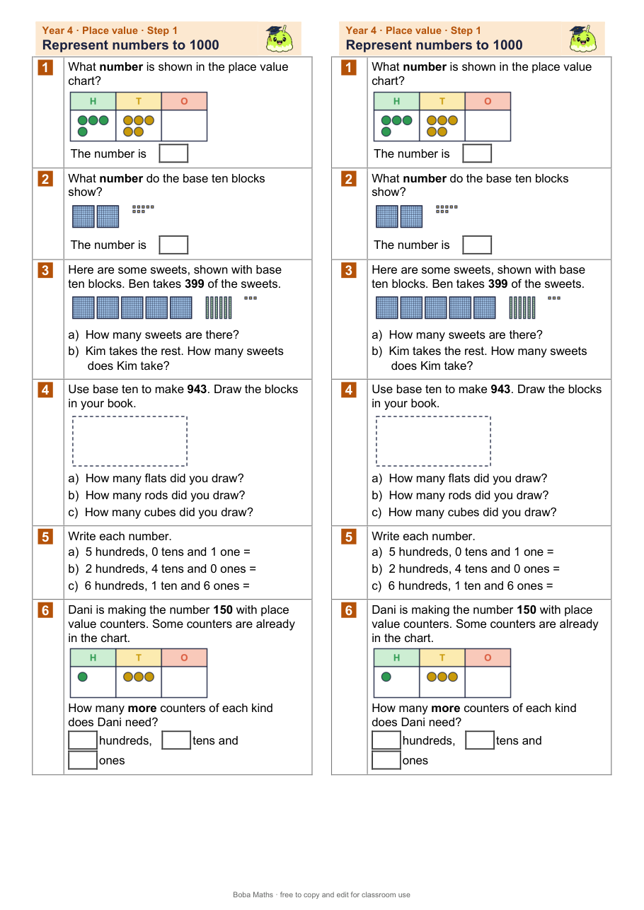 First page of the not scaffolded Represent numbers to 1000 sheet, printed twice side by side