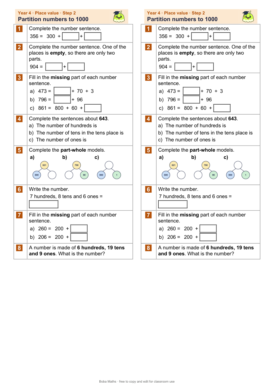 First page of the not scaffolded Partition numbers to 1000 sheet, printed twice side by side