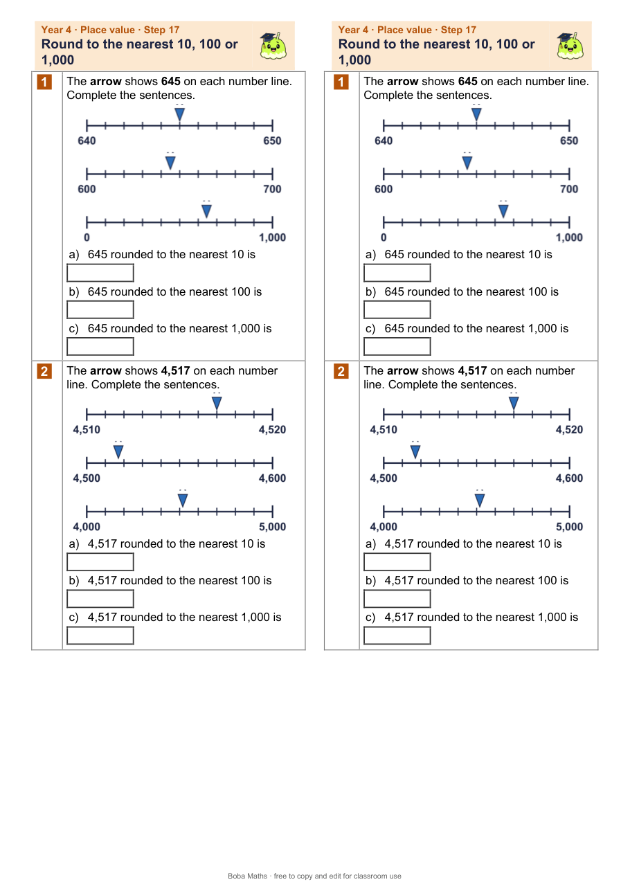 First page of the not scaffolded Round to the nearest 10, 100 or 1,000 sheet, printed twice side by side