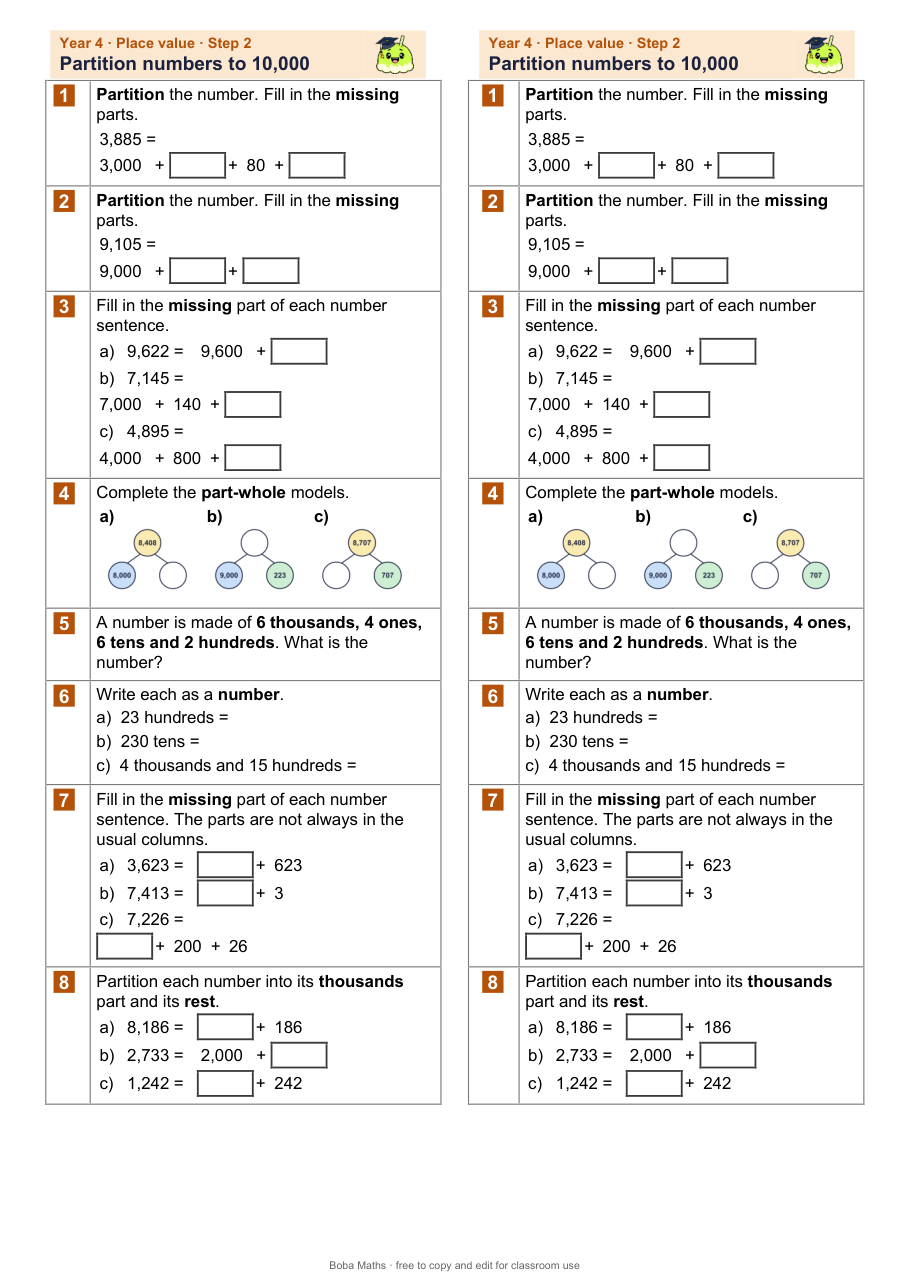 First page of the not scaffolded Partition numbers to 10,000 sheet, printed twice side by side