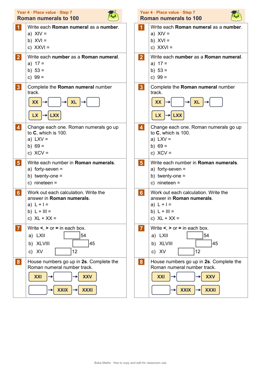First page of the not scaffolded Roman numerals to 100 sheet, printed twice side by side