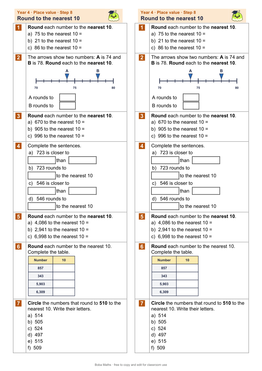First page of the not scaffolded Round to the nearest 10 sheet, printed twice side by side