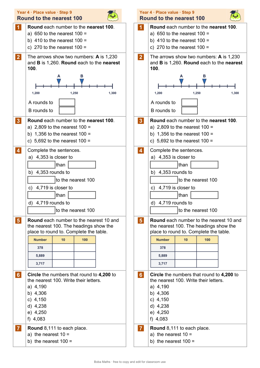 First page of the not scaffolded Round to the nearest 100 sheet, printed twice side by side