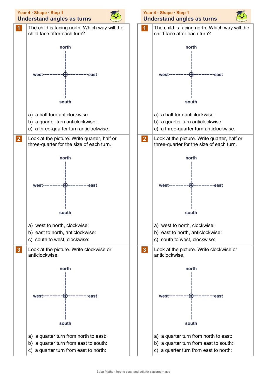 First page of the not scaffolded Understand angles as turns sheet, printed twice side by side