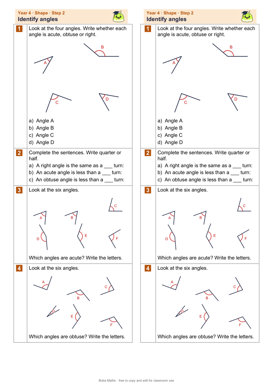 First page of the not scaffolded Identify angles sheet, printed twice side by side