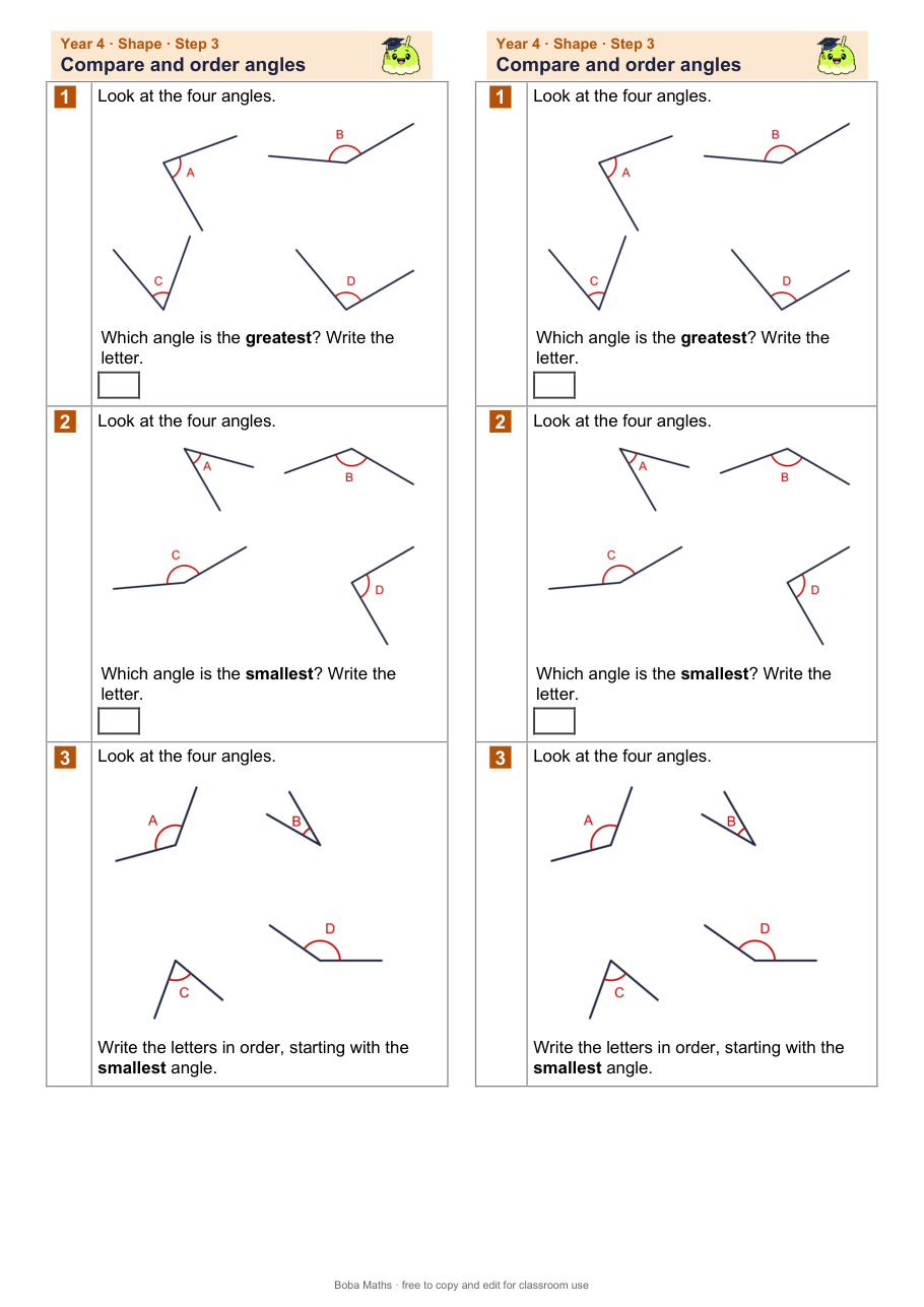 First page of the not scaffolded Compare and order angles sheet, printed twice side by side