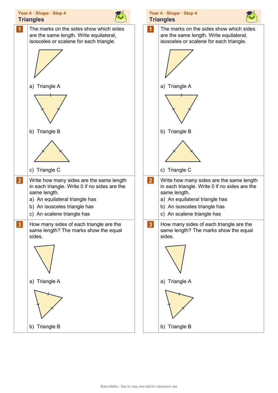 First page of the not scaffolded Triangles sheet, printed twice side by side