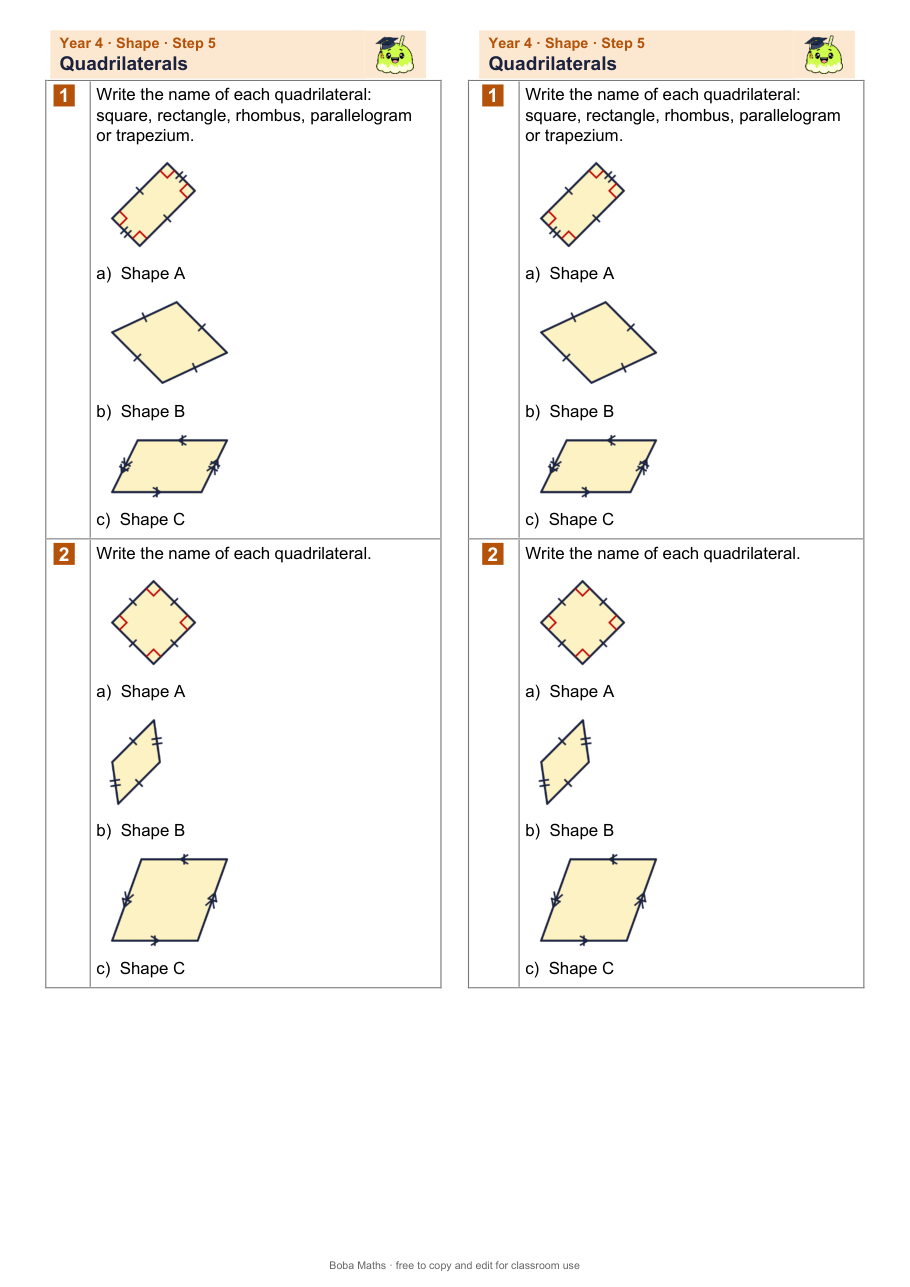 First page of the not scaffolded Quadrilaterals sheet, printed twice side by side