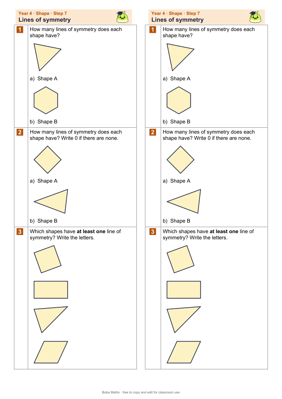 First page of the not scaffolded Lines of symmetry sheet, printed twice side by side