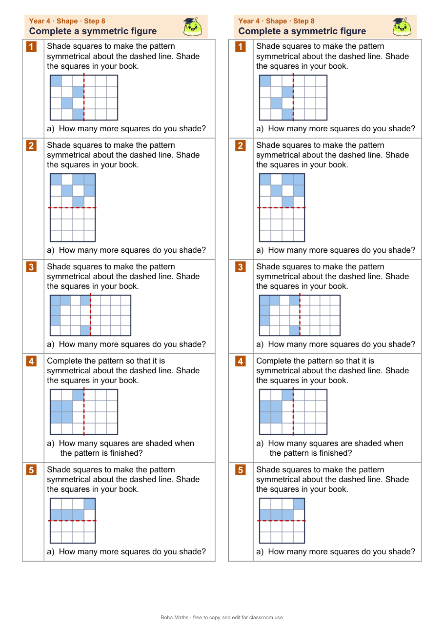 First page of the not scaffolded Complete a symmetric figure sheet, printed twice side by side