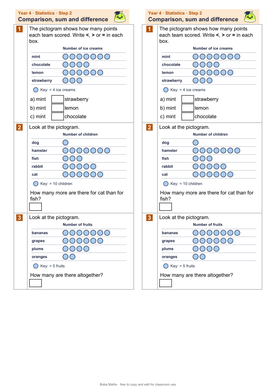 First page of the not scaffolded Comparison, sum and difference sheet, printed twice side by side