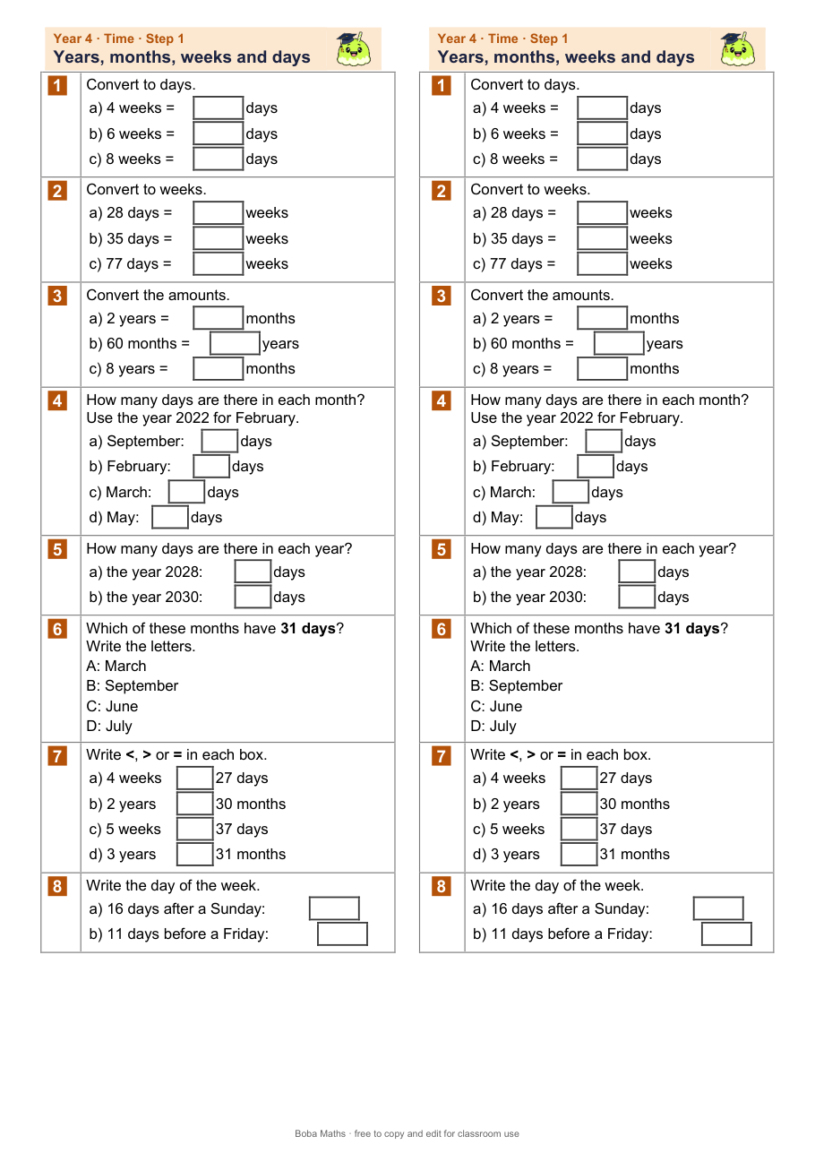 First page of the not scaffolded Years, months, weeks and days sheet, printed twice side by side