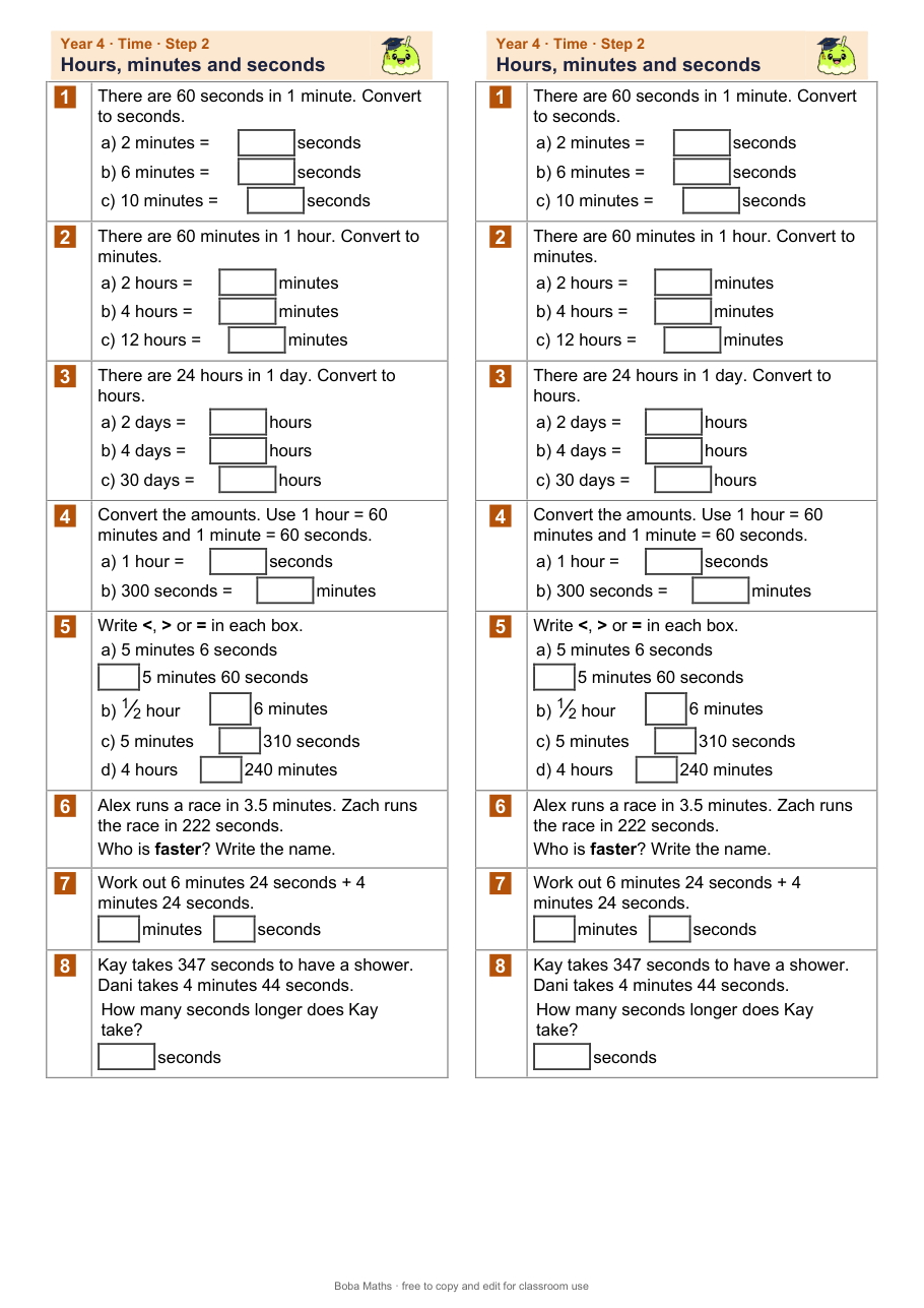 First page of the not scaffolded Hours, minutes and seconds sheet, printed twice side by side