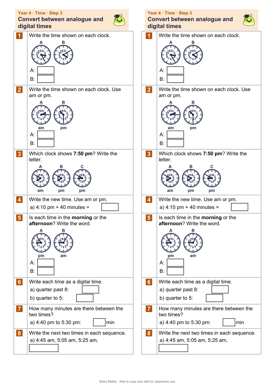 First page of the not scaffolded Convert between analogue and digital times sheet, printed twice side by side