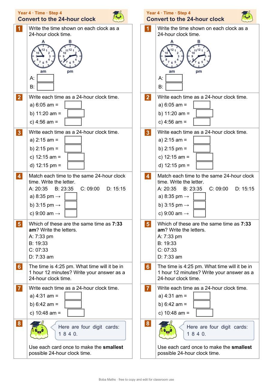 First page of the not scaffolded Convert to the 24-hour clock sheet, printed twice side by side