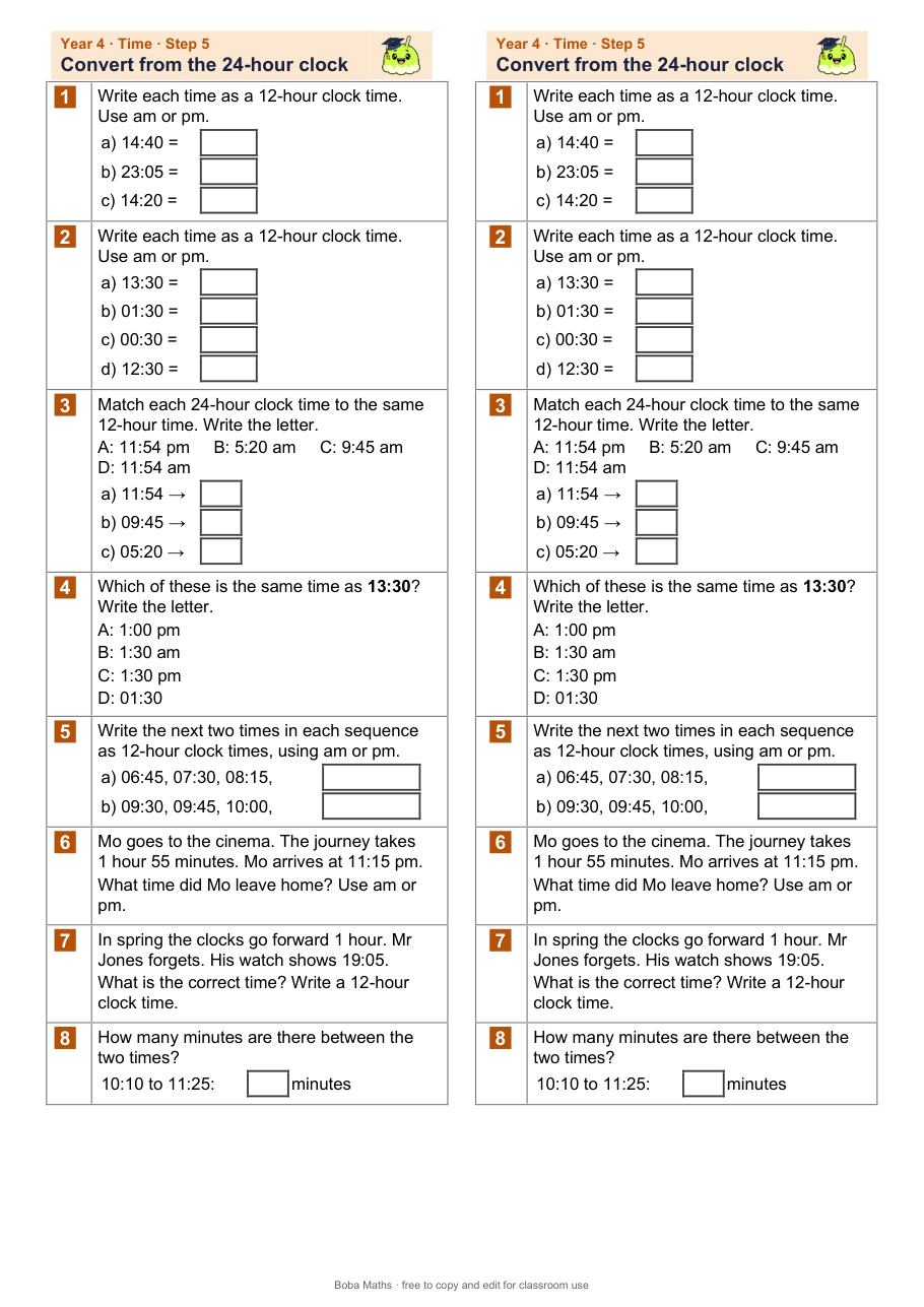 First page of the not scaffolded Convert from the 24-hour clock sheet, printed twice side by side