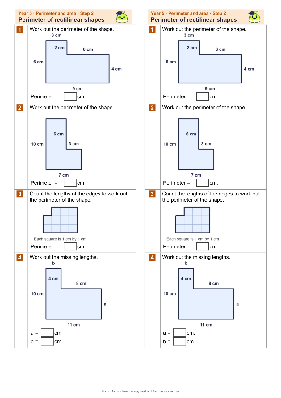 First page of the not scaffolded Perimeter of rectilinear shapes sheet, printed twice side by side