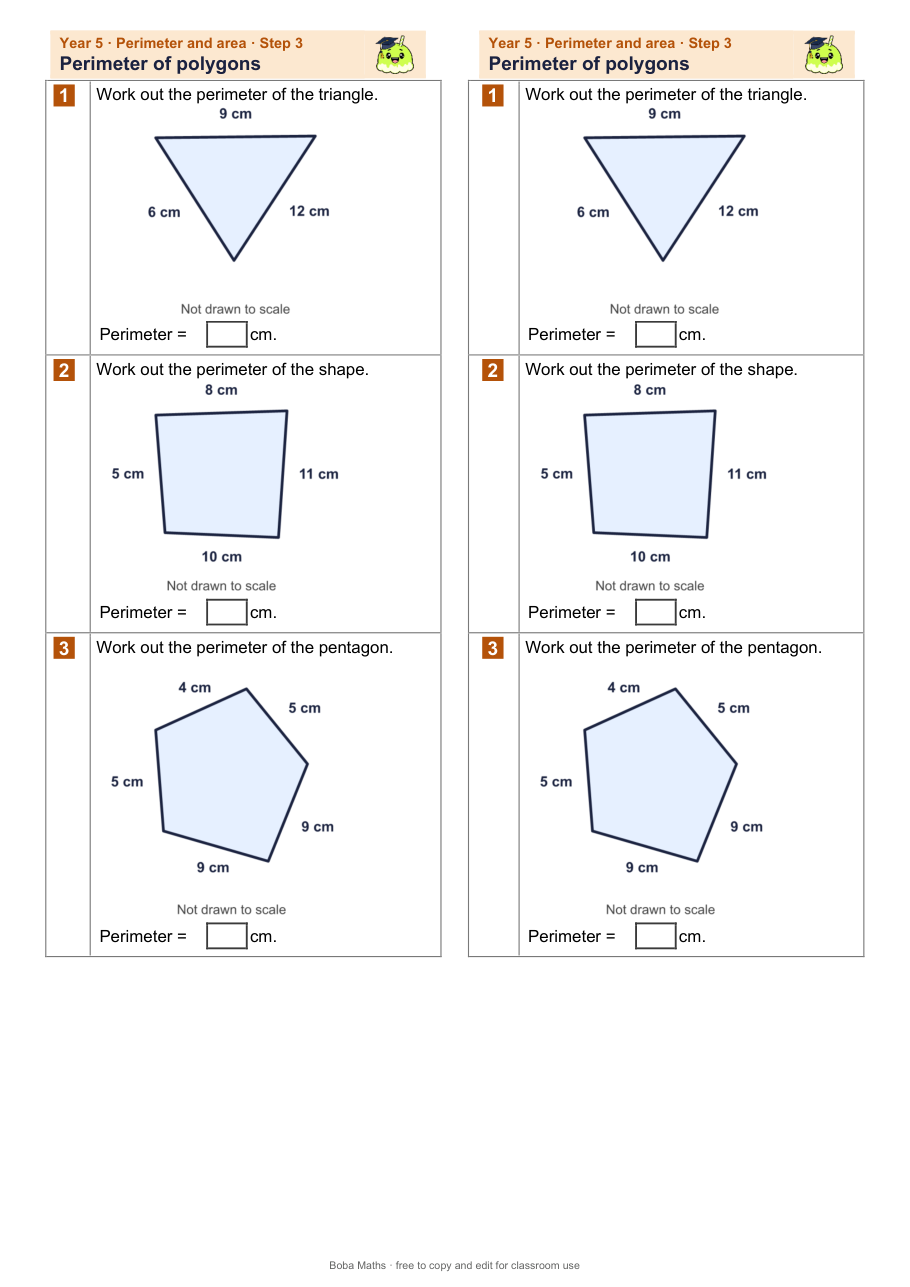 First page of the not scaffolded Perimeter of polygons sheet, printed twice side by side