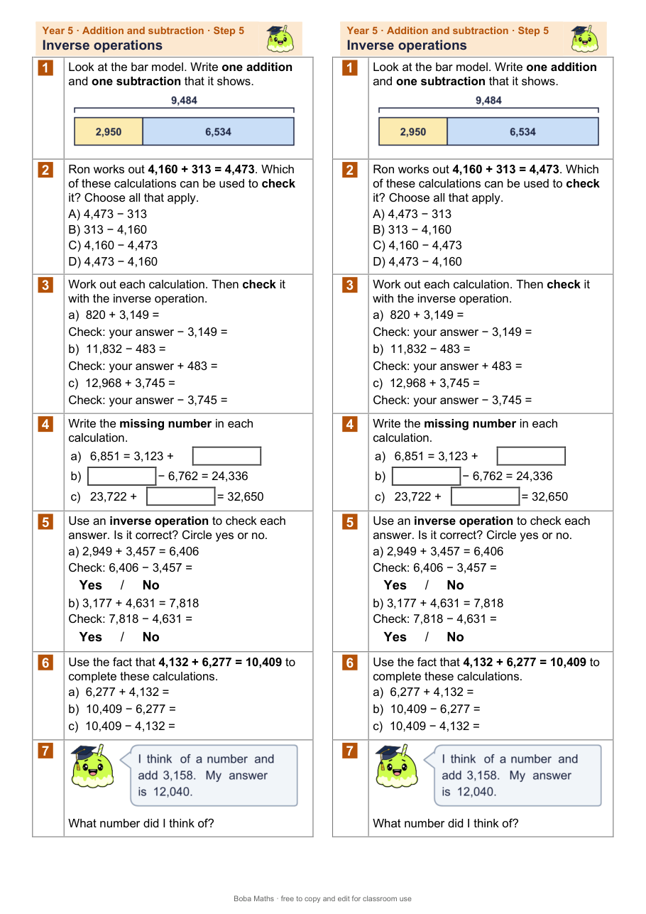 First page of the not scaffolded Inverse operations sheet, printed twice side by side