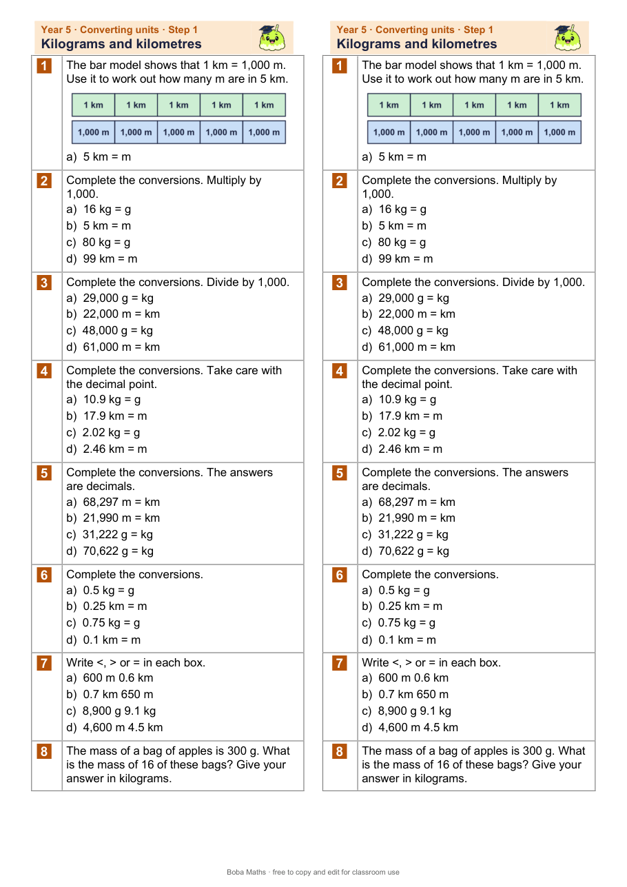 First page of the not scaffolded Kilograms and kilometres sheet, printed twice side by side