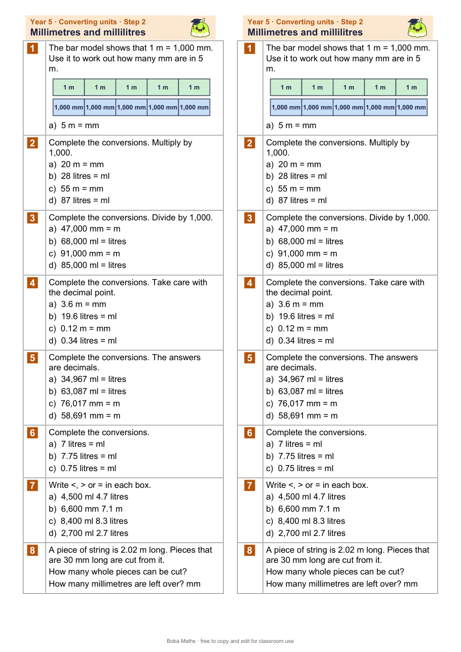 First page of the not scaffolded Millimetres and millilitres sheet, printed twice side by side