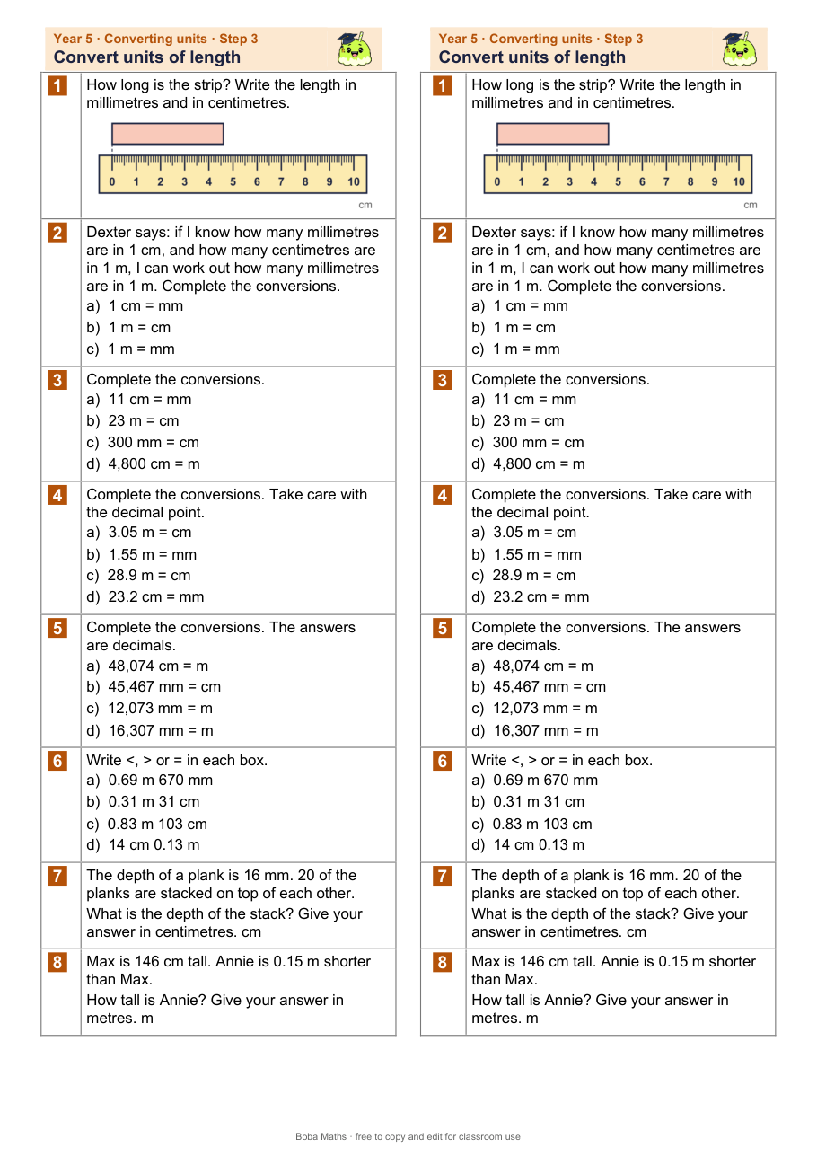 First page of the not scaffolded Convert units of length sheet, printed twice side by side