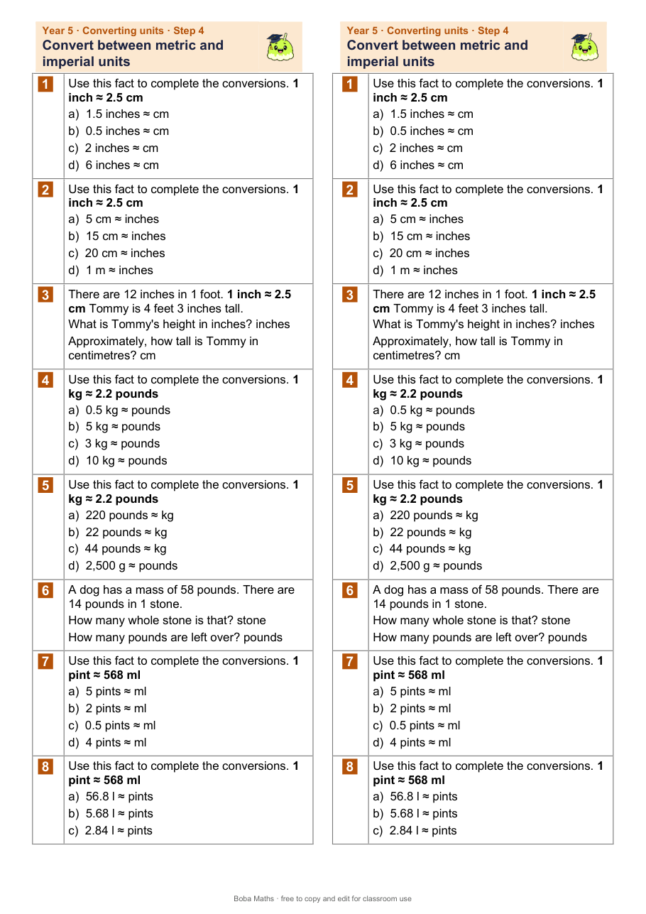 First page of the not scaffolded Convert between metric and imperial units sheet, printed twice side by side