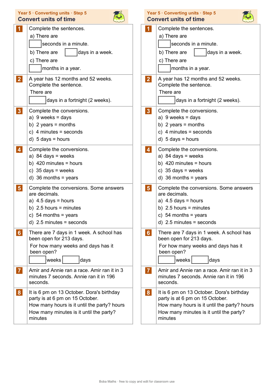 First page of the not scaffolded Convert units of time sheet, printed twice side by side