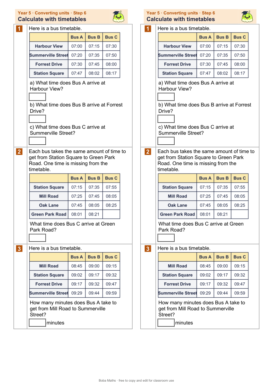 First page of the not scaffolded Calculate with timetables sheet, printed twice side by side