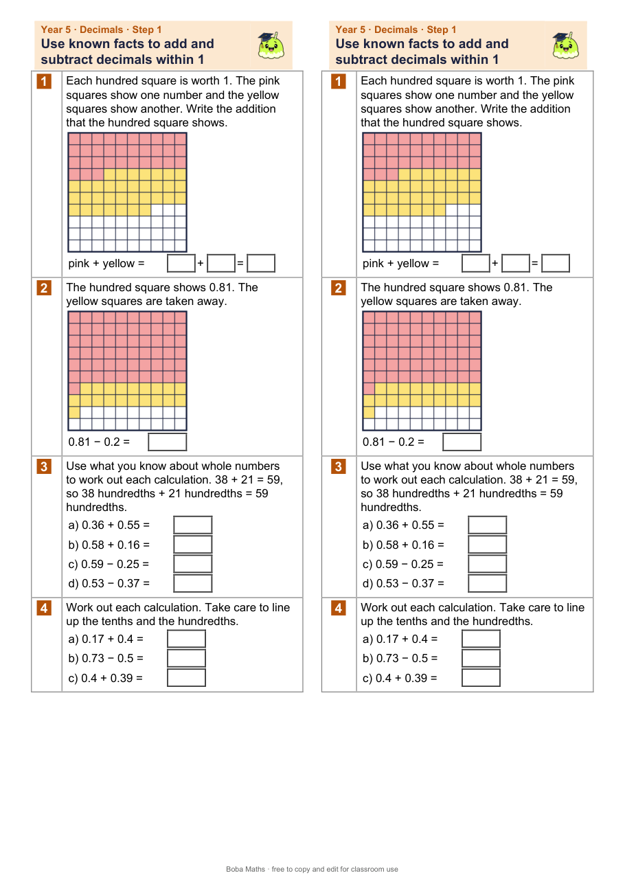 First page of the not scaffolded Use known facts to add and subtract decimals within 1 sheet, printed twice side by side