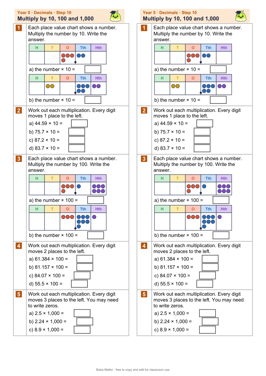 First page of the not scaffolded Multiply by 10, 100 and 1,000 sheet, printed twice side by side