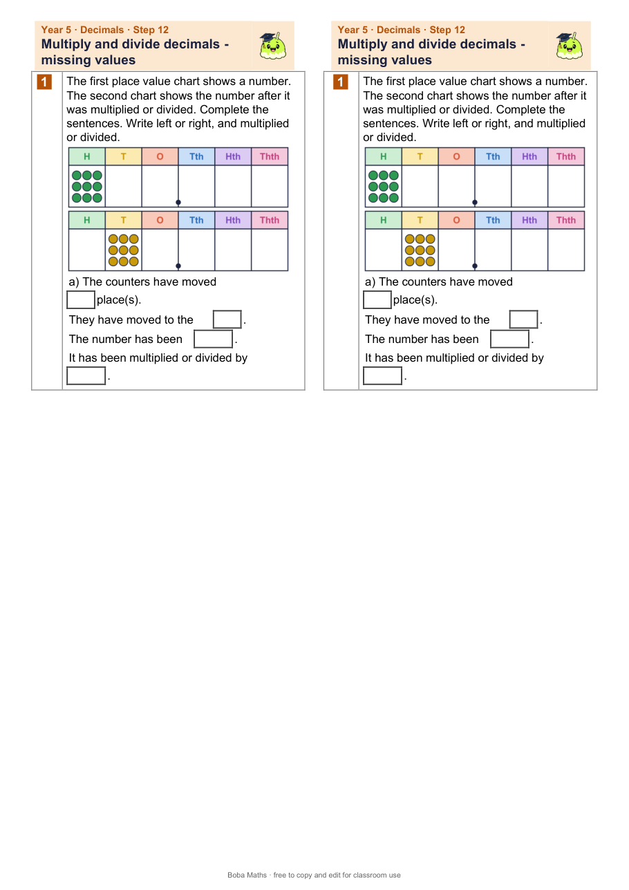 First page of the not scaffolded Multiply and divide decimals - missing values sheet, printed twice side by side