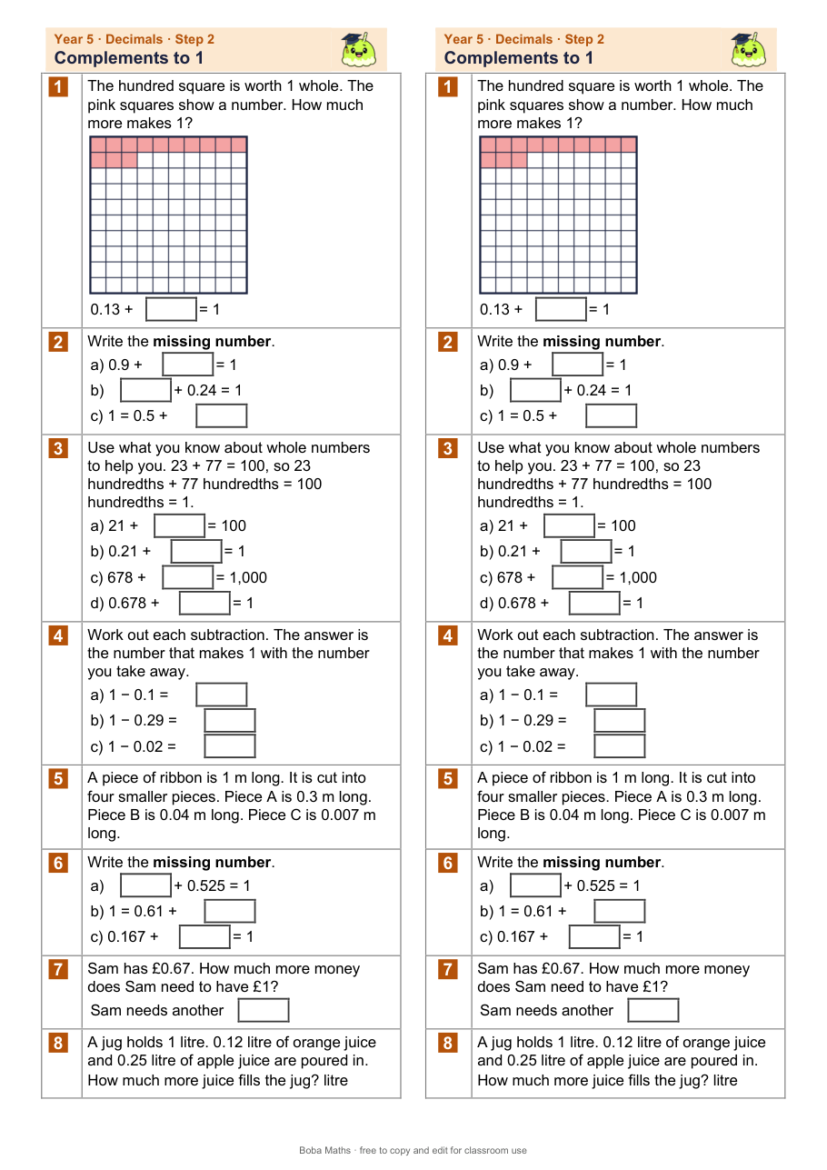 First page of the not scaffolded Complements to 1 sheet, printed twice side by side
