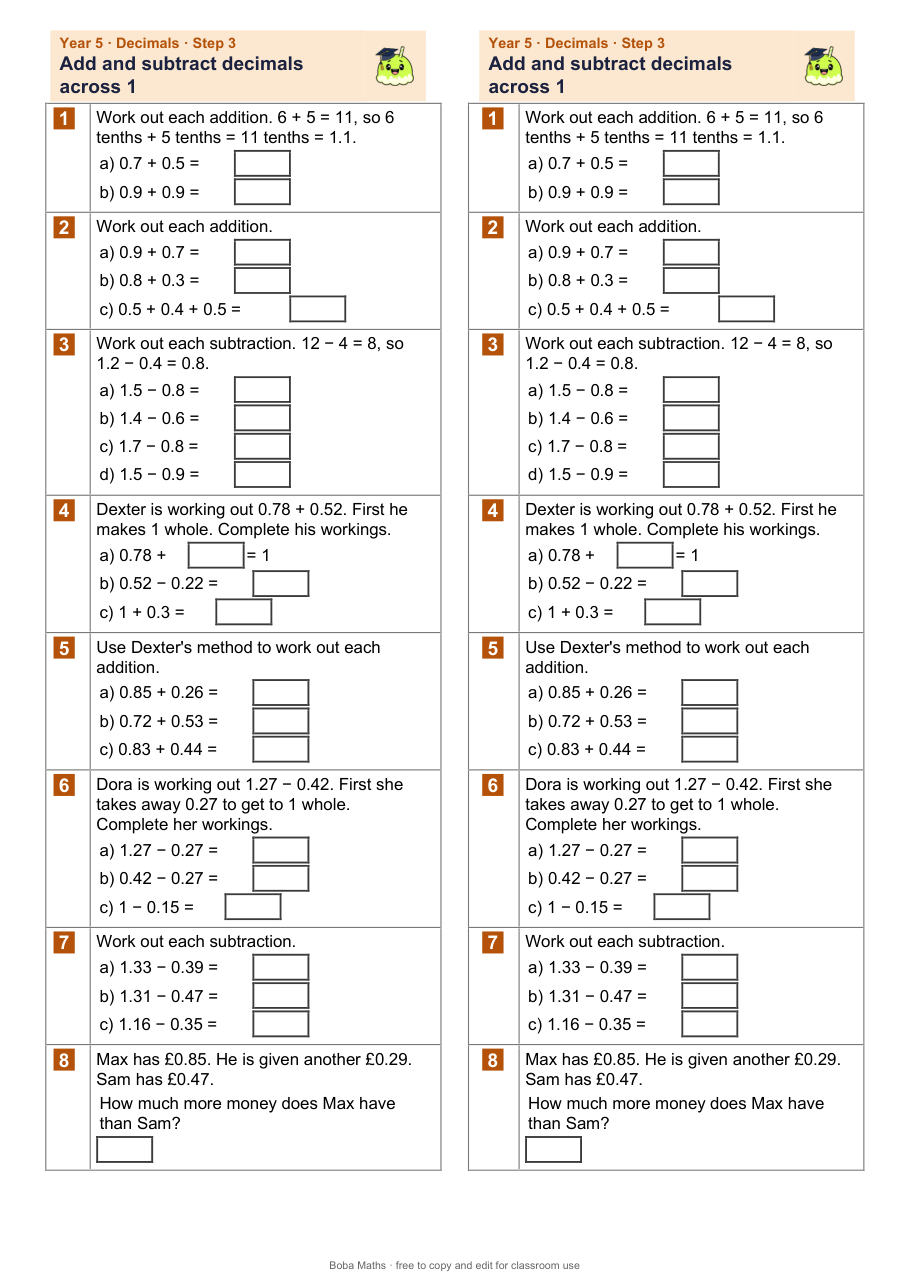 First page of the not scaffolded Add and subtract decimals across 1 sheet, printed twice side by side