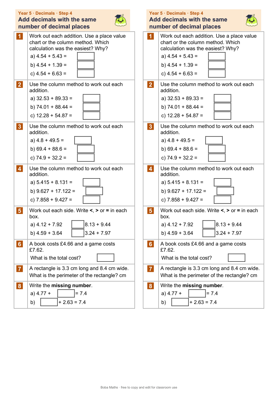 First page of the not scaffolded Add decimals with the same number of decimal places sheet, printed twice side by side