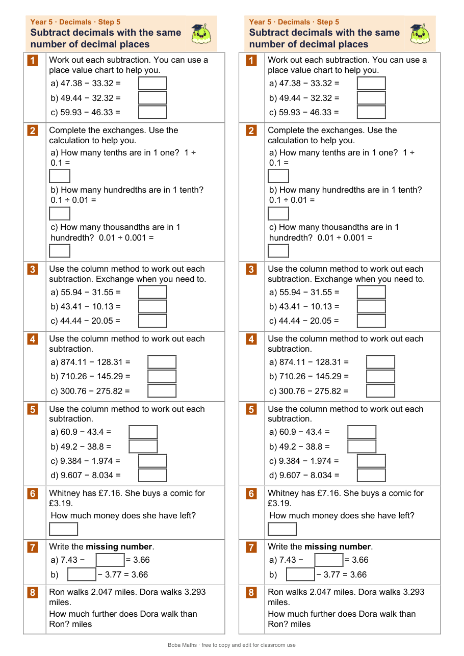 First page of the not scaffolded Subtract decimals with the same number of decimal places sheet, printed twice side by side
