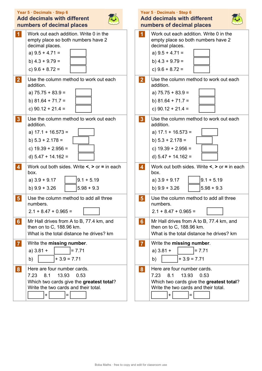 First page of the not scaffolded Add decimals with different numbers of decimal places sheet, printed twice side by side