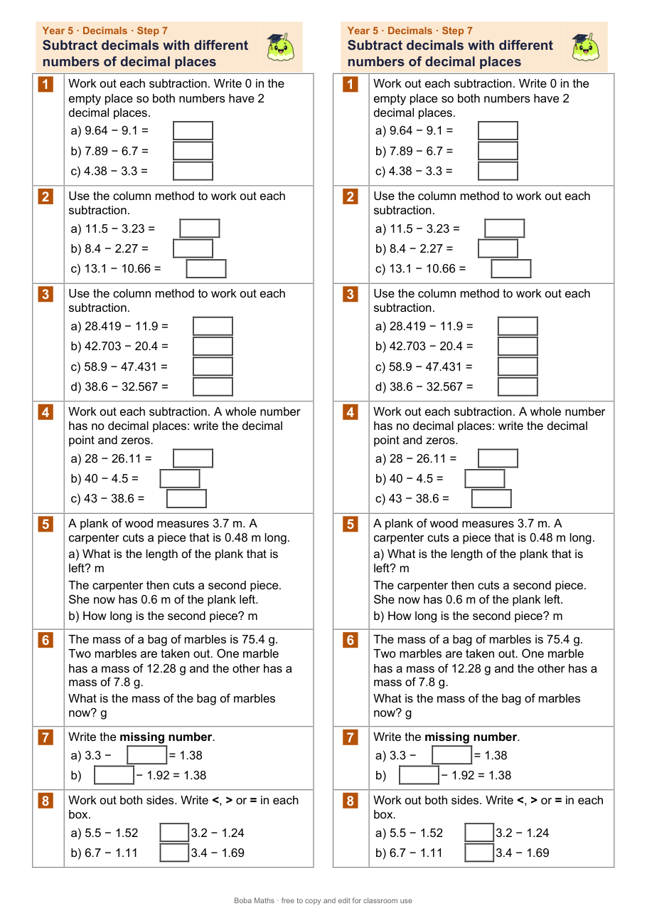 First page of the not scaffolded Subtract decimals with different numbers of decimal places sheet, printed twice side by side