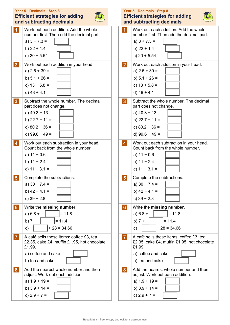 First page of the not scaffolded Efficient strategies for adding and subtracting decimals sheet, printed twice side by side