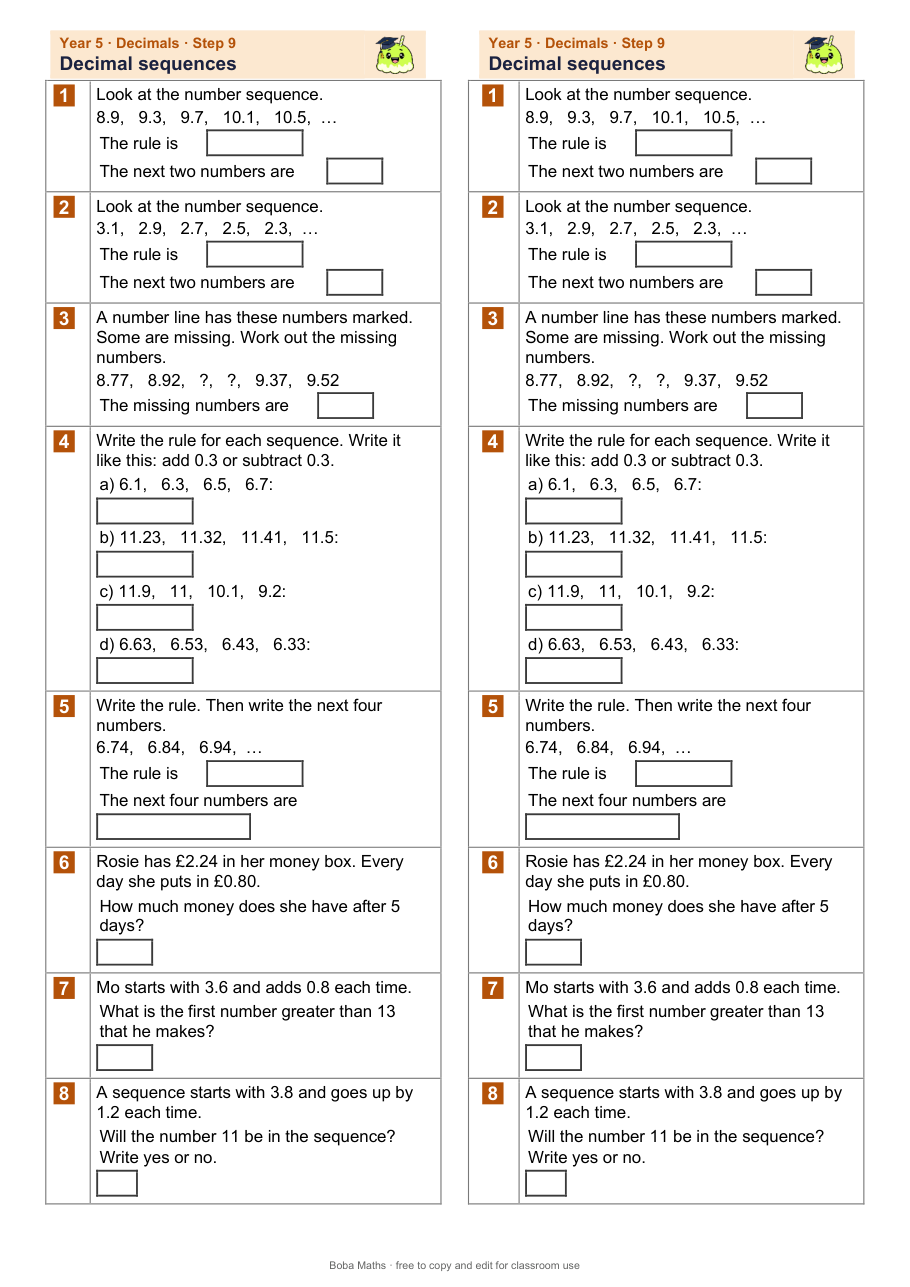 First page of the not scaffolded Decimal sequences sheet, printed twice side by side