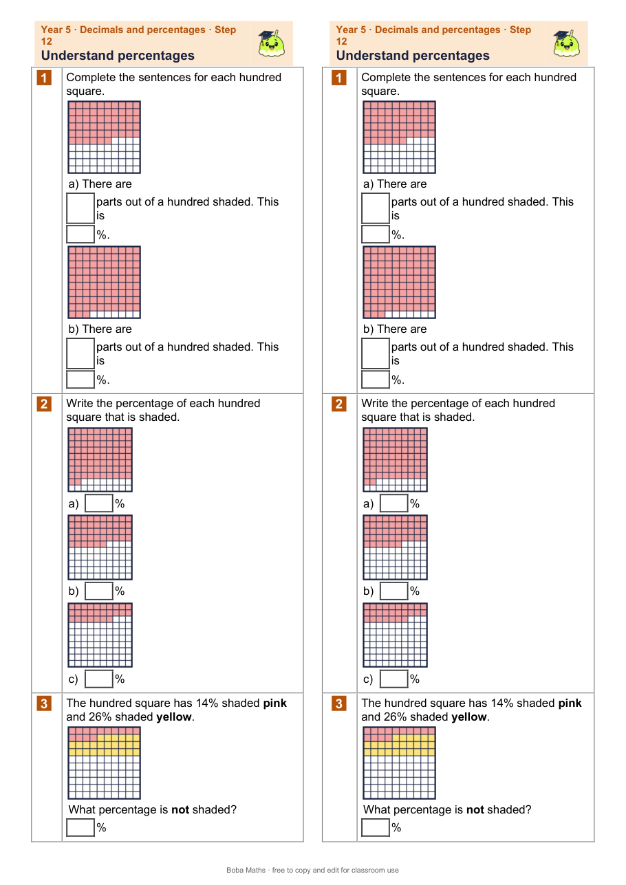First page of the not scaffolded Understand percentages sheet, printed twice side by side