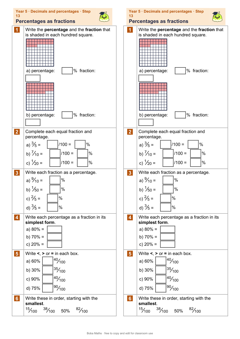 First page of the not scaffolded Percentages as fractions sheet, printed twice side by side
