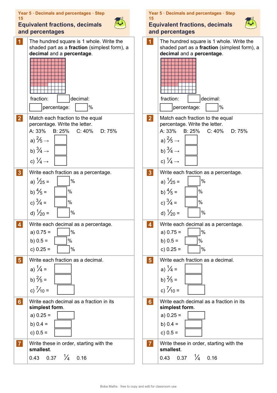First page of the not scaffolded Equivalent fractions, decimals and percentages sheet, printed twice side by side