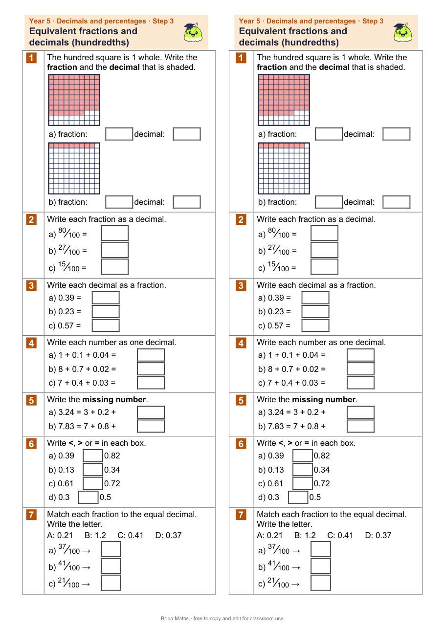 First page of the not scaffolded Equivalent fractions and decimals (hundredths) sheet, printed twice side by side