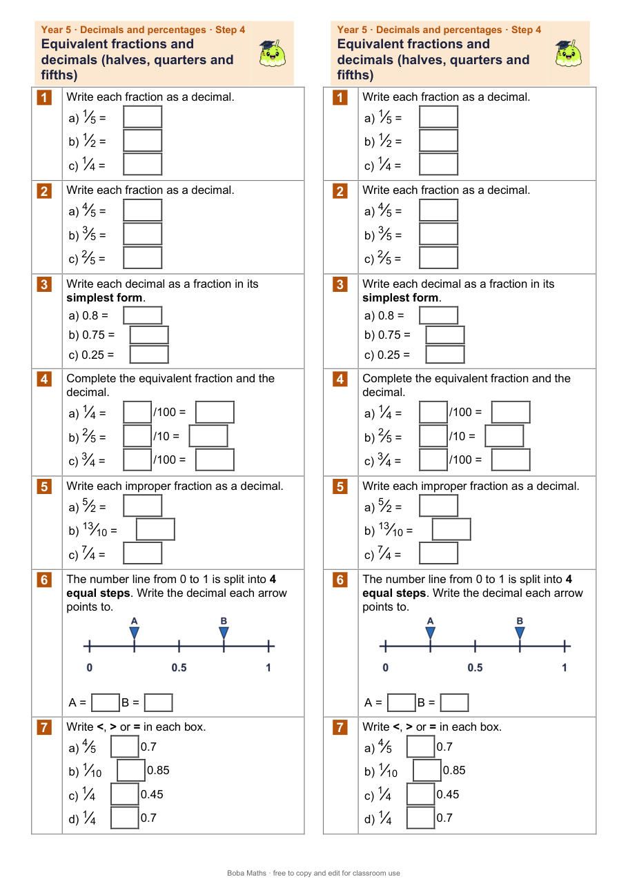 First page of the not scaffolded Equivalent fractions and decimals (halves, quarters and fifths) sheet, printed twice side by side