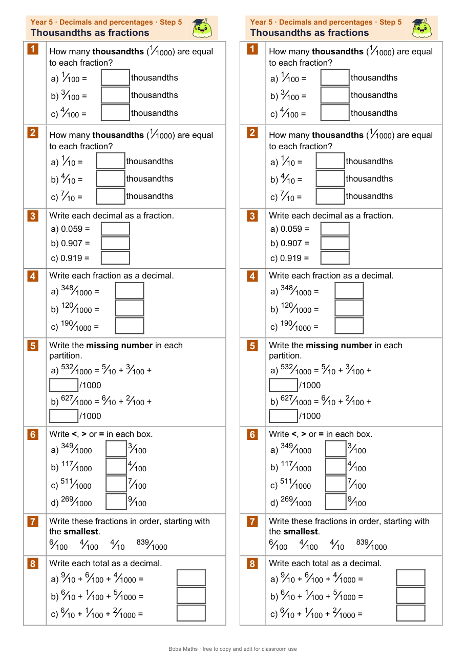 First page of the not scaffolded Thousandths as fractions sheet, printed twice side by side