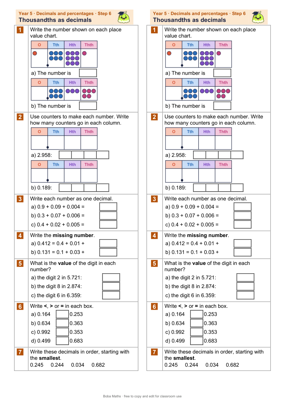 First page of the not scaffolded Thousandths as decimals sheet, printed twice side by side