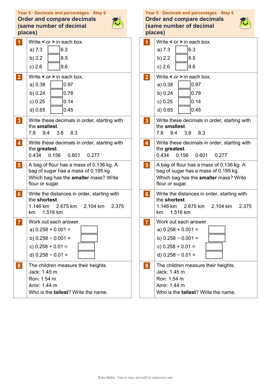 First page of the not scaffolded Order and compare decimals (same number of decimal places) sheet, printed twice side by side