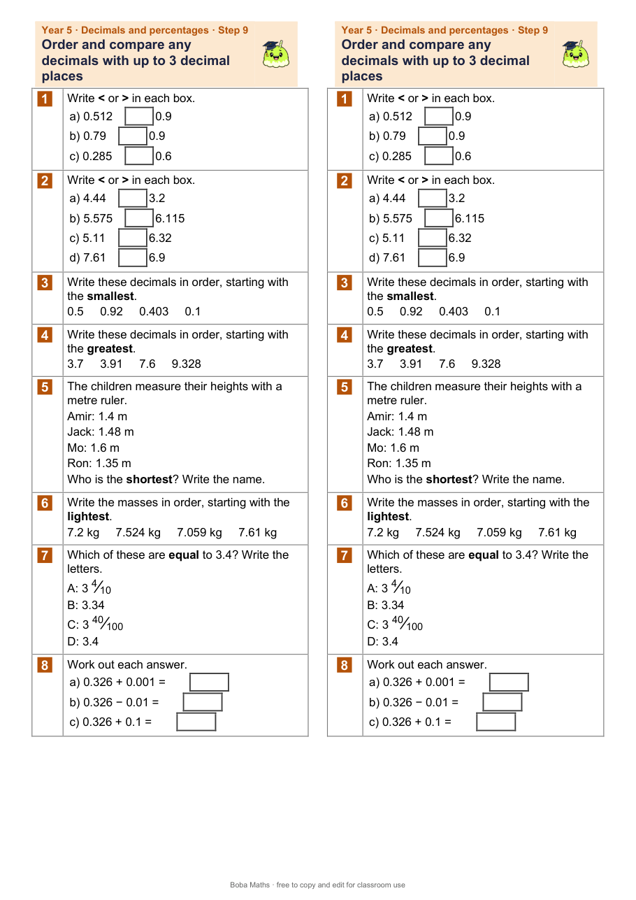 First page of the not scaffolded Order and compare any decimals with up to 3 decimal places sheet, printed twice side by side
