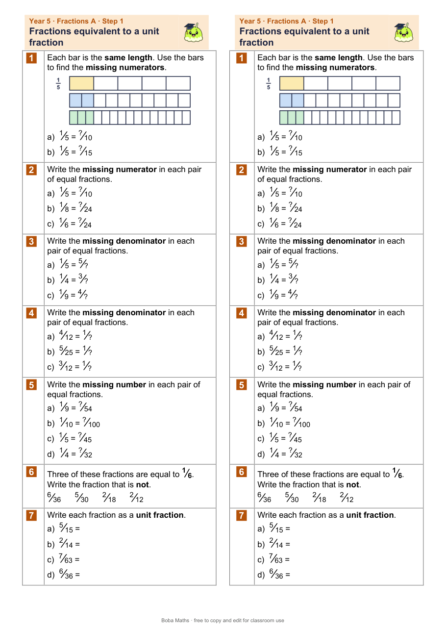 First page of the not scaffolded Fractions equivalent to a unit fraction sheet, printed twice side by side